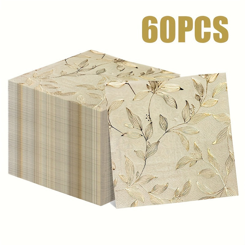 60pcs Elegant Golden Leaf Stamped Disposable Napkins - 33.02x33.02cm Square Paper Placemats, Perfect for Family Gatherings, Weddings, Parties &amp; Restaurants