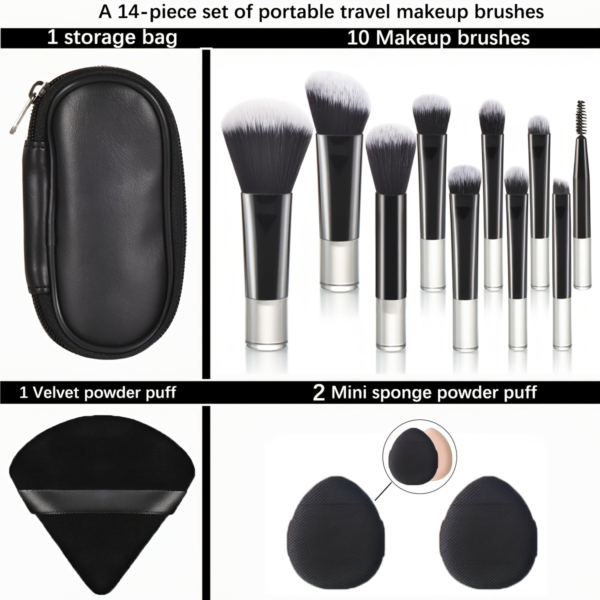 Set portable de pinceaux de maquillage avec éponge et houppette, parfait pour un kit complet d’outils cosmétiques en voyage.