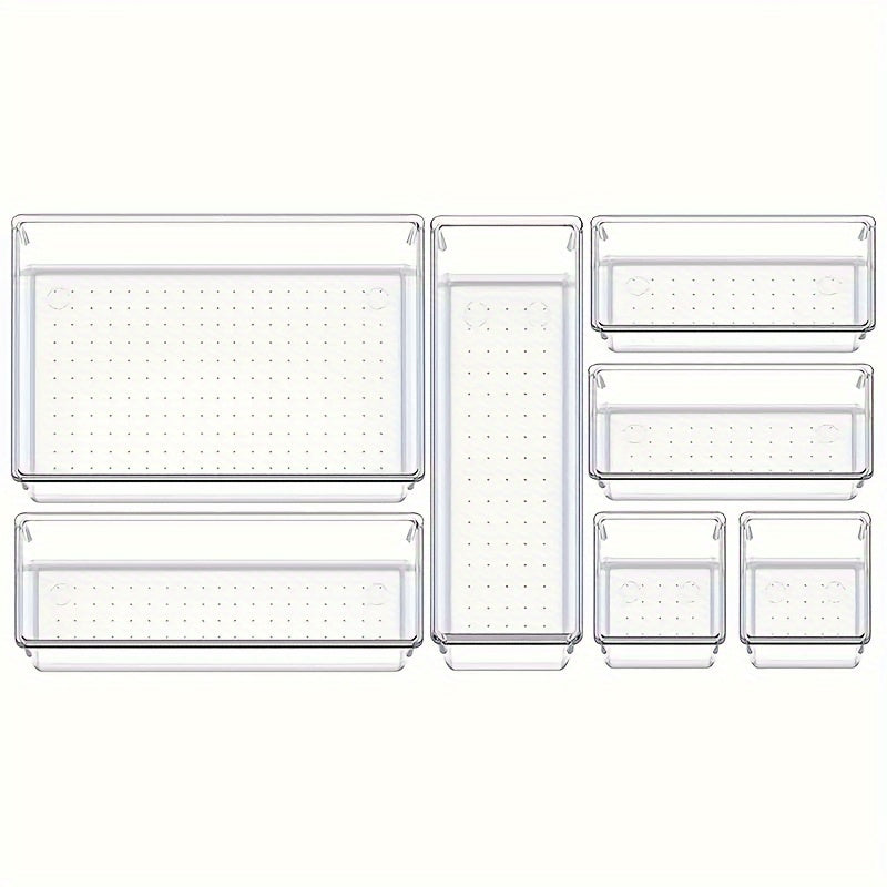 Set de 7/11/18 organiseurs de tiroirs transparents, 4 tailles, polyvalents, pour cosmétiques, chambre, cuisine ou bureau, rangement pratique et ordonné.