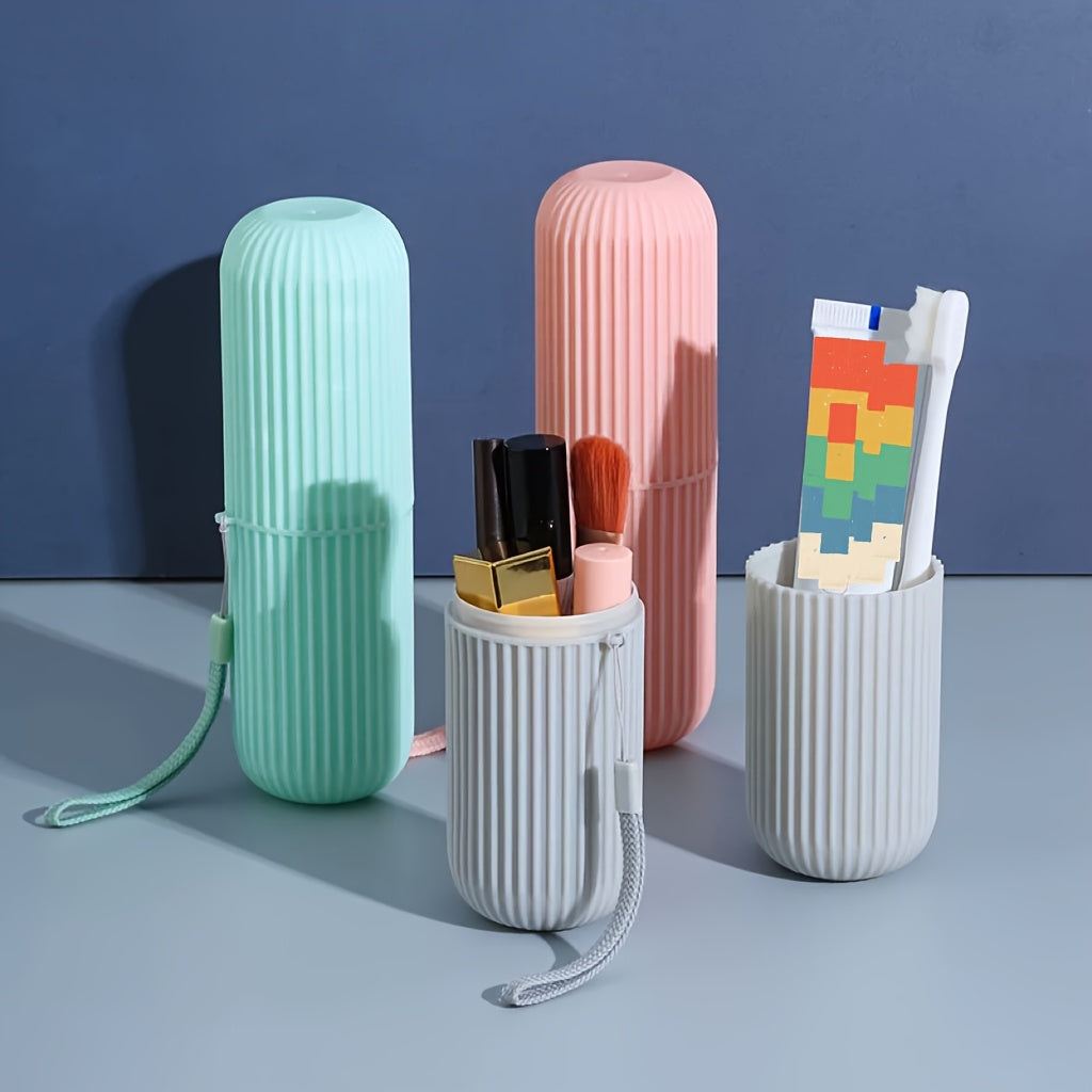 Set de voyage pour brossage dentaire, compact et durable, avec étui, gobelet et porte-dentifrice, idéal pour déplacements et cadeaux.
