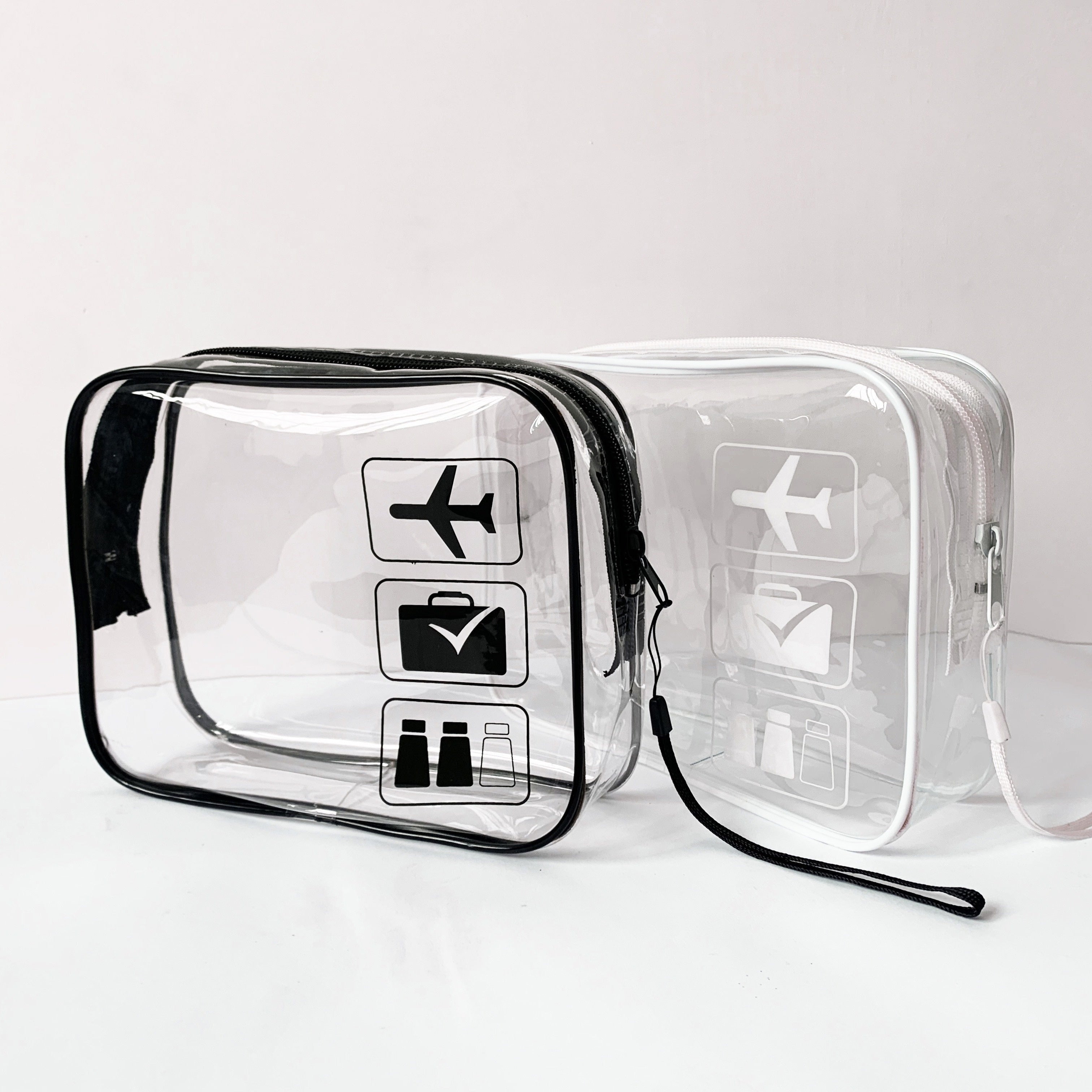 Trousse de toilette transparente avec ouverture à bouchon, pliable et verticale, pratique pour voyage, salle de bain ou shopping.