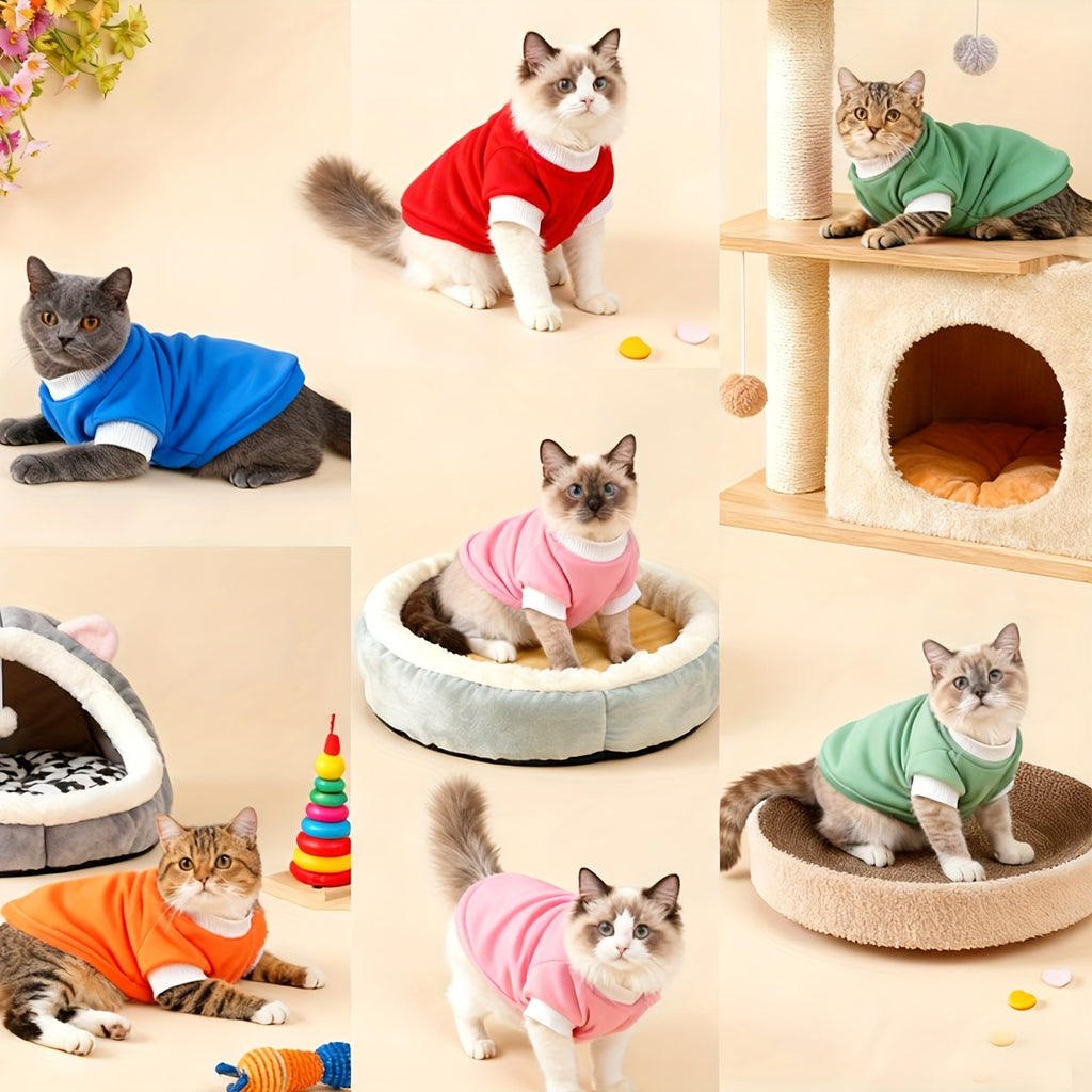 1pc Cozy Plush Sweater Jacket for Small & Medium Cats - Soft Warm Winter Clothes with Tabby/Tortoiseshell Patterns (Pink/Orange/Blue) - Hand Washable All-Season Pet Sweaters, Perfect Christmas Gift for Kittens & Cats