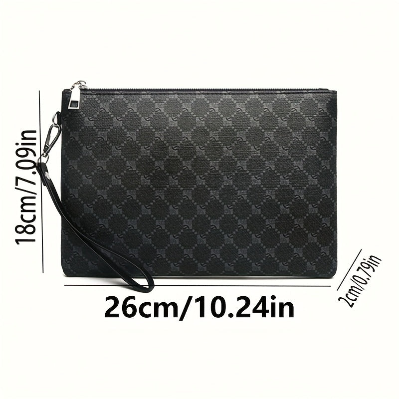 Pochette homme élégante, grande capacité, noire avec fermeture éclair dorée, dragonne poignet, idéale bureau, déplacements quotidiens et style raffiné.