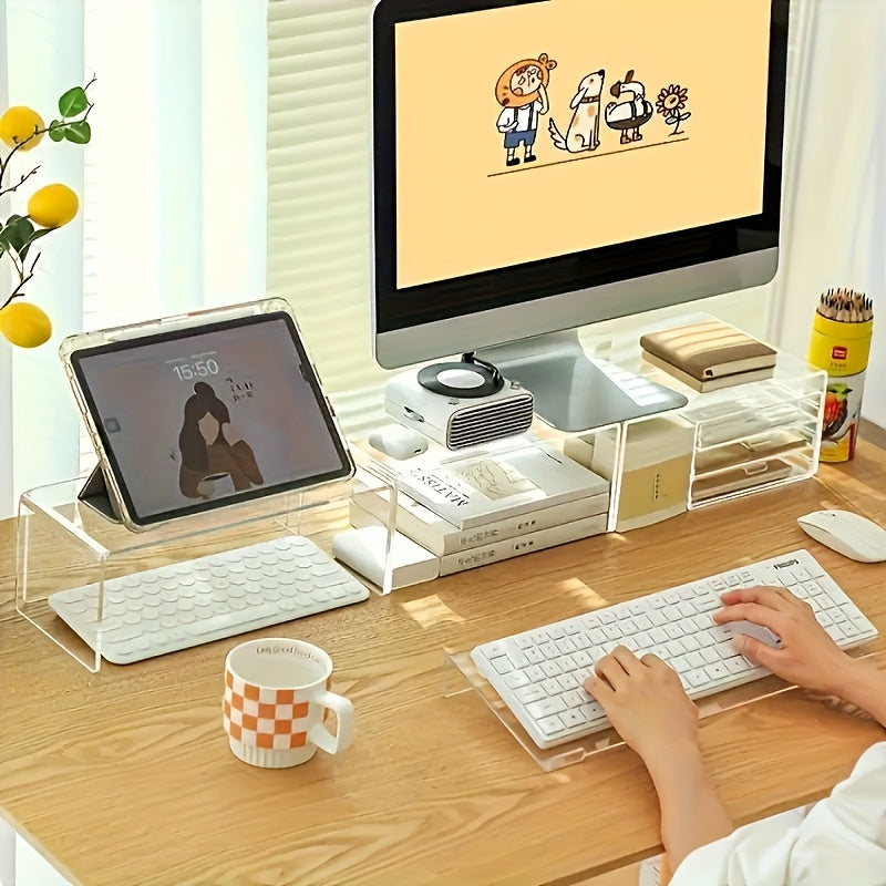 Support clavier en acrylique, compact et durable, surélève clavier et mini-PC, design moderne et gain de place, idéal pour bureaux contemporains.