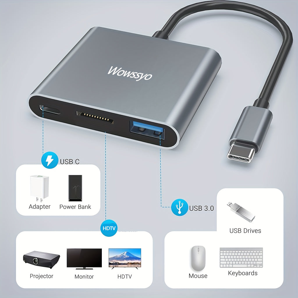 Hub USB-C 3-en-1 Wowssyo : Adaptateur aluminium, ports USB 3.0, PD 100 W, sortie 4K HDTV, compatible MacBook, iPad, PC et Nintendo Switch.