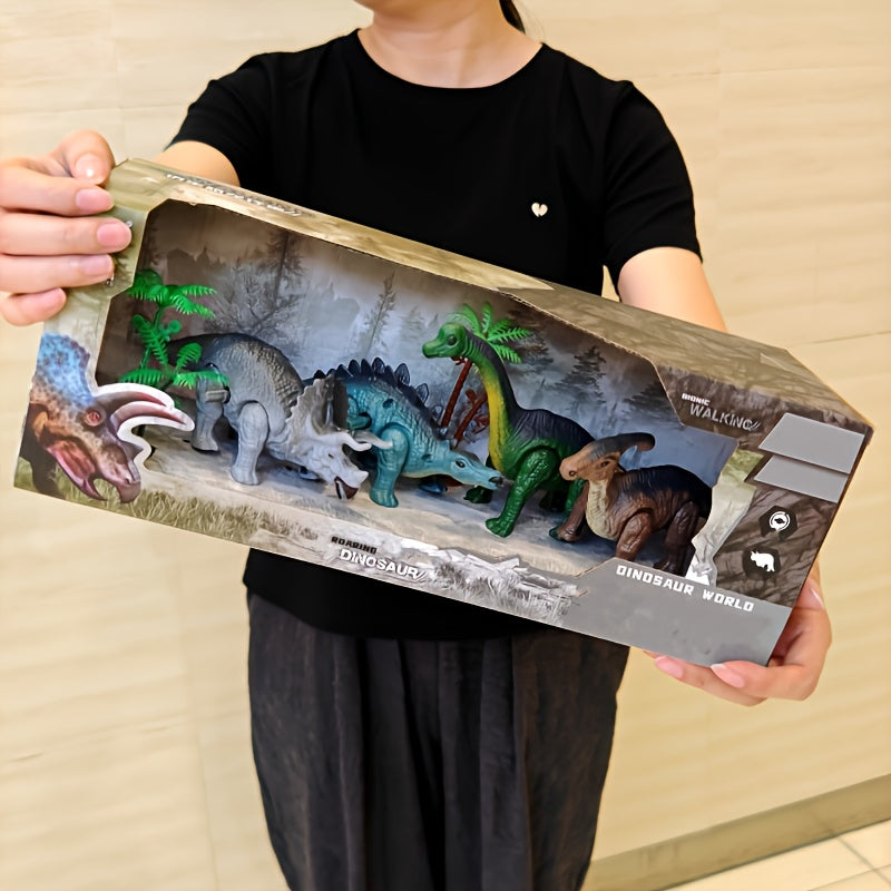 Dinosaure réaliste 4‑en‑1 et arbre 2‑en‑1, mâchoires et yeux mobiles, plastique durable, jouet interactif.