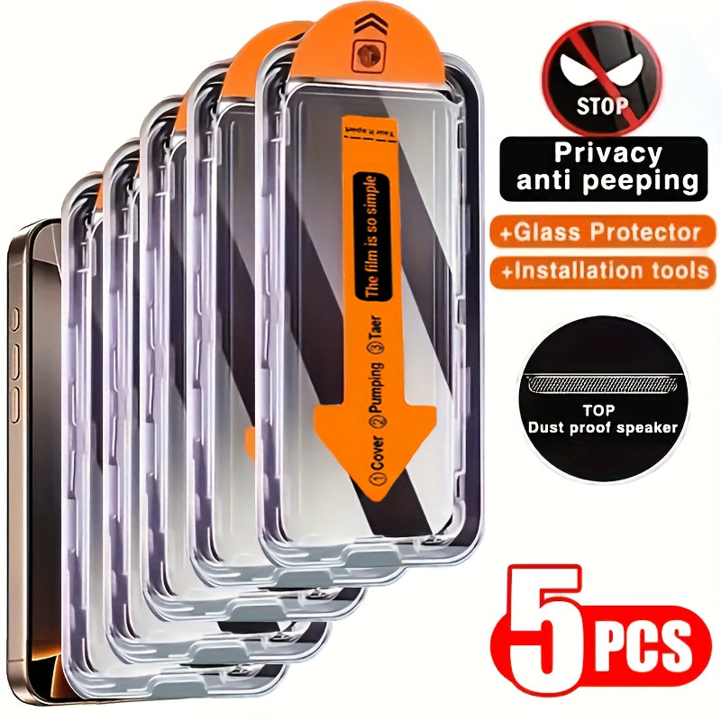 5 Anti-Peep And Dust-Free Cabin Tempered Glass Screen Protectors for Iphone 17/17 Pro/17 Air/17 Pro Max/16/16 Pro Full-Screen Full Coverage 16 Plus/16 Pro Max Anti-Peep Tempered Glass Screen Protectors 15/15 Pro/15 Plus Mobil