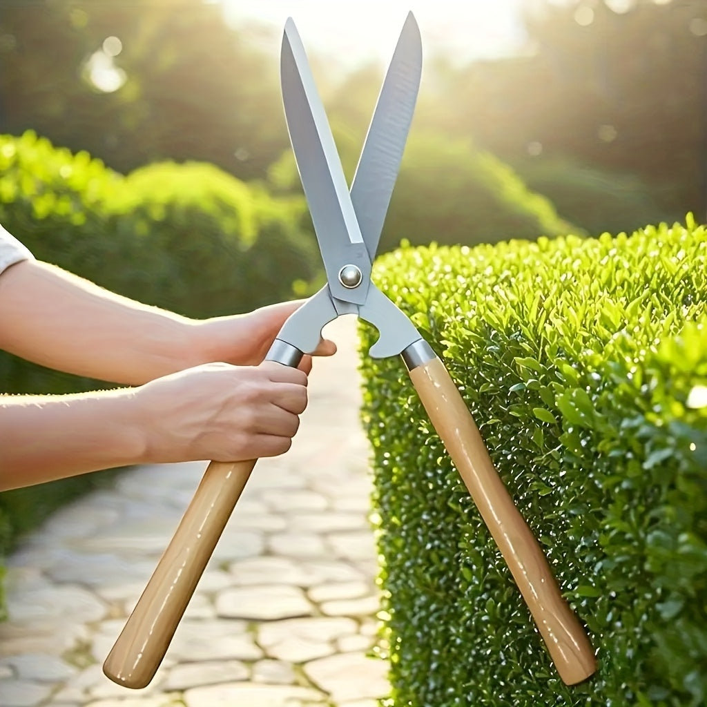 Sécateur professionnel robuste, lame carbone 25 cm, manche ergonomique en noyer antidérapant, idéal pour bordures, haies et taille décorative.