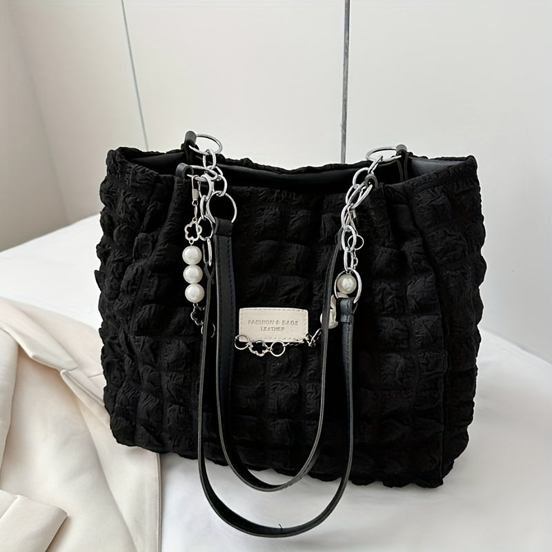 1pc Summer Sweet Clouds Tote Bag, Large Capacity Nylon Shoulder Bag for Women, Soft Handbag with Zipper Closure, 4 Colors (White/Pink/Green/Black), City Theme, Polyester Lining, Perfect for Commuting &amp; Outings