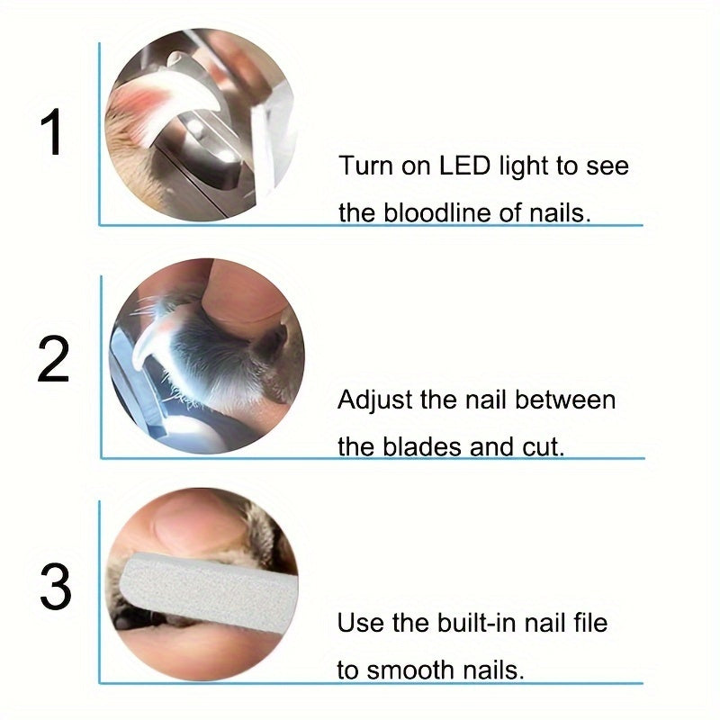 Coupe-ongles LED pour animaux avec chargement USB. Ciseaux pour chats et chiens, avec lime et protection anti-éclaboussures.