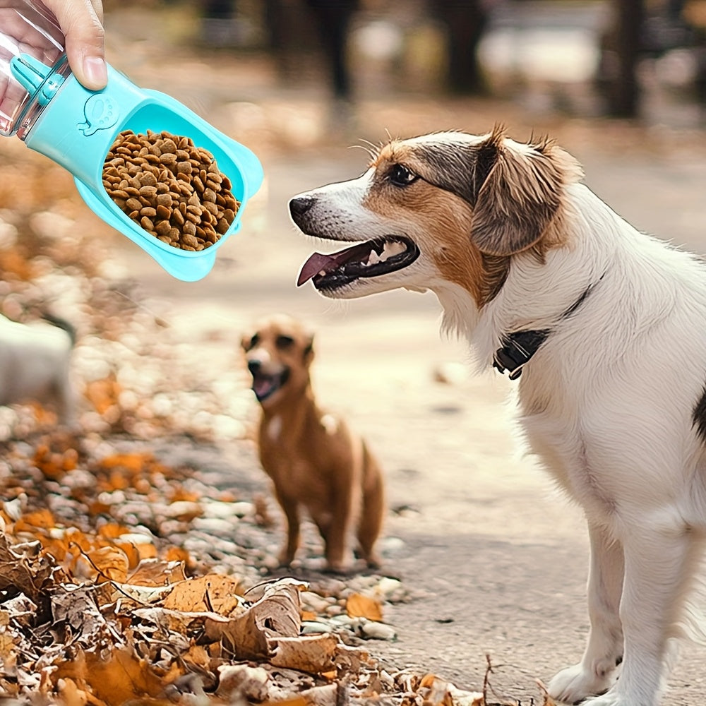 Bouteille d'eau portable pour chien avec compartiment nourriture. Distributeur pratique pour animaux, idéal pour les promenades, randonnées et voyages.