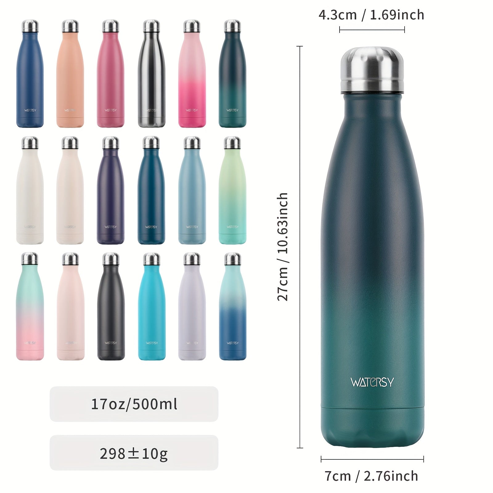 Bouteille WATERSY 500 ml en acier inoxydable, thermique, étanche, sans BPA, conserve boissons chaudes 12 h et froides 24 h.