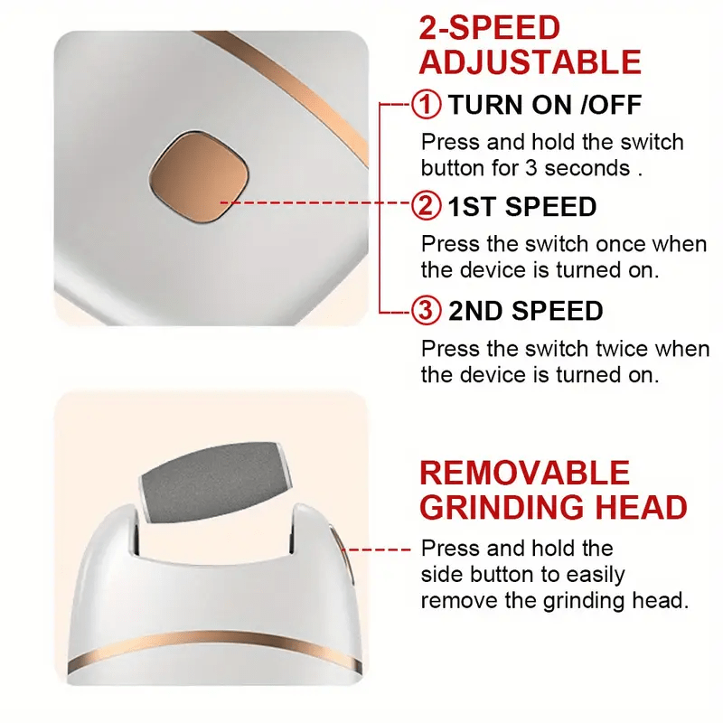 Rechargeable Electric Foot File with 6 Replaceable Heads for Dead Light Beige Removal and Polishing, USB Powered, Smooth Dual-Color Design in White &amp; Golden, Ergonomic Handle for Comfortable Use, Foot Scrubber, Foot Dead Skin