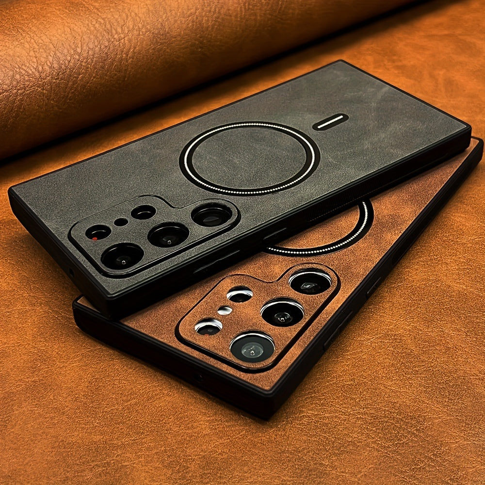 Coque de luxe en cuir PU rétro pour Samsung Galaxy, antichoc, compatible charge sans fil, finition mate élégante, protection haut de gamme et design sophistiqué.