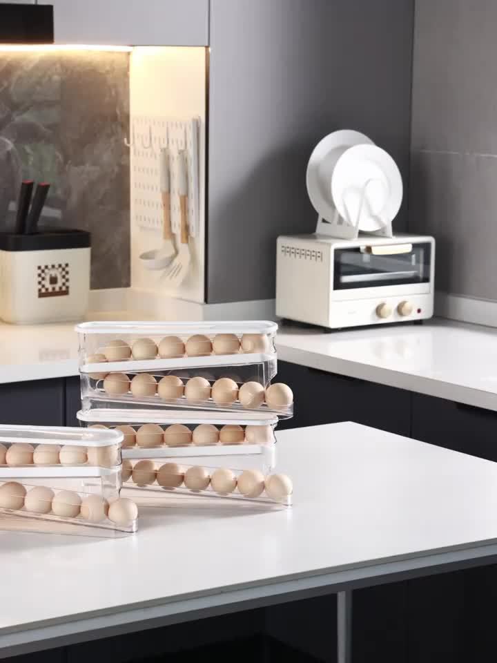 1 Space-Saving Double-Layer Transparent Automatic Rolling Egg Storage Box with Lid - Heavy-Duty PP Plastic, 4-Tier Egg Organizer for Fridge Door and Countertop, Food-Safe Kitchen Storage Solution, Essential Refrigerator Egg H
