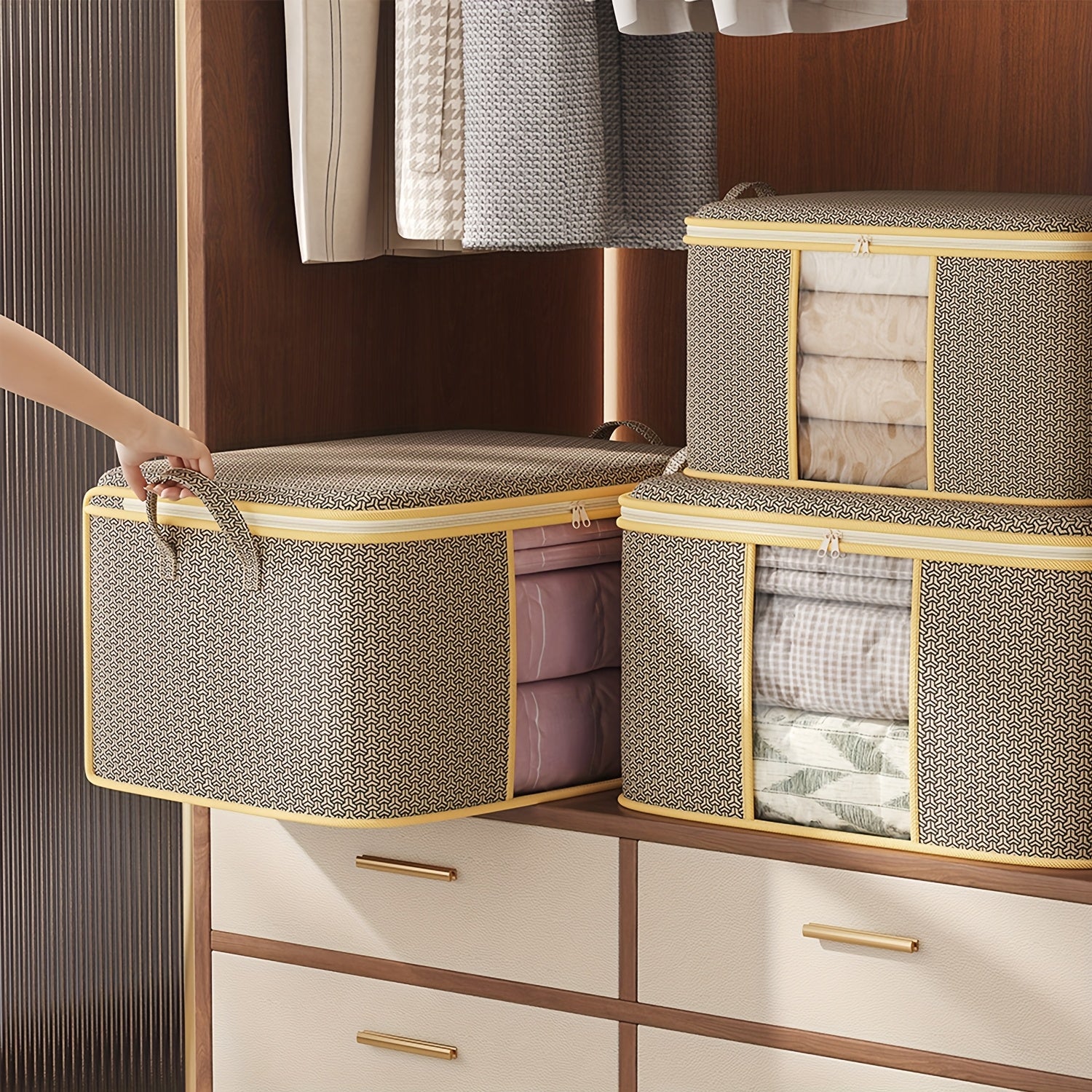 TUZA 1pc Large Heavy-Duty Soft Non-Woven Fabric Storage Bag with Zipper Closure, 4 Carry Handles &amp; Window - Queen/King Comforter, Bedding, Blanket, Clothes Organizer - Heavy Items Capacity (Bed Pillows, Protectors)