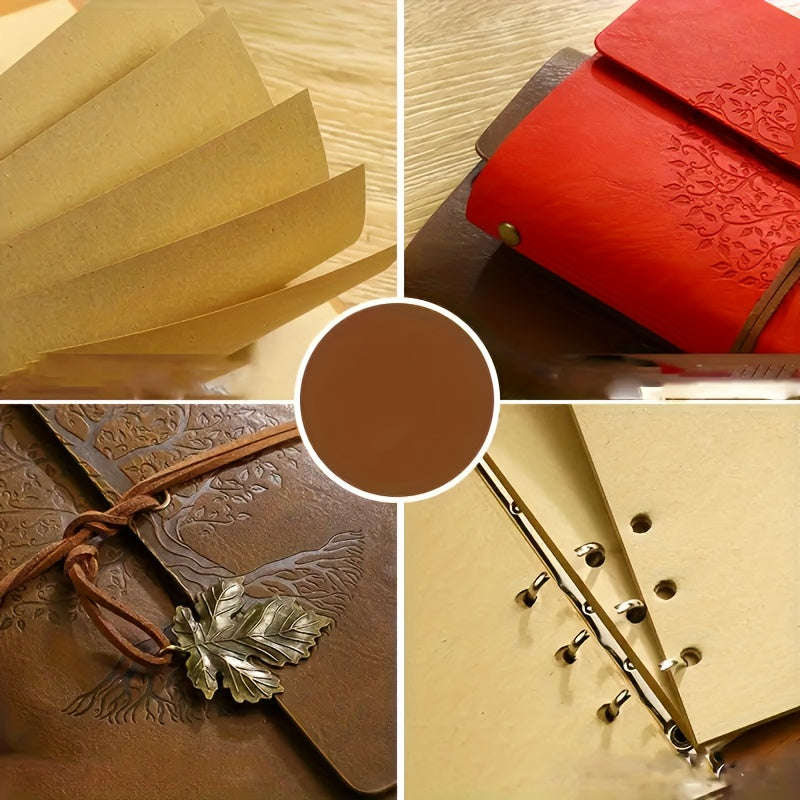 Coffret 3 pièces : carnet spiral vintage en cuir PU et 2 stylos gel noir et doré, design arbre, idéal pour écriture, croquis et voyage.