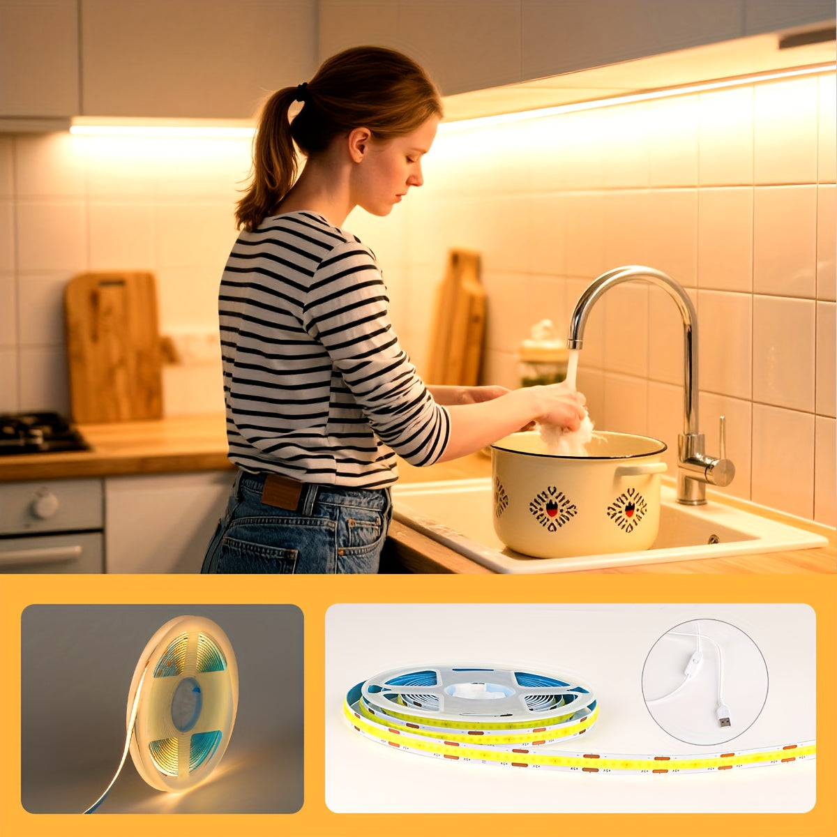 HOTU Thin COB LED Strip Light - USB-Powered Adhesive Flexible Cuttable Tape Light with 400 LEDs/M, Daylight &amp; Warm White (3000-6500K), Dotless Design for, Bedroom, Under Cabinet Lighting, Bedroom Lighting, Modern Lighting, Fl