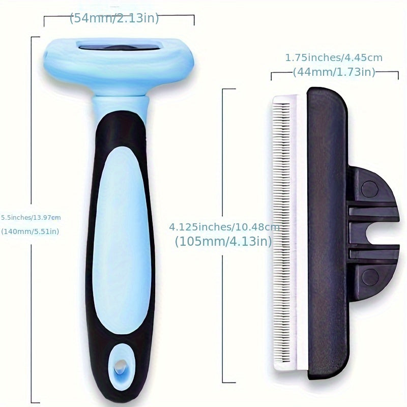 Brosse professionnelle de déshedding pour animaux. Réduit les poils de 95%, ergonomique, sans électricité, design bleu et noir, pour toutes les races.