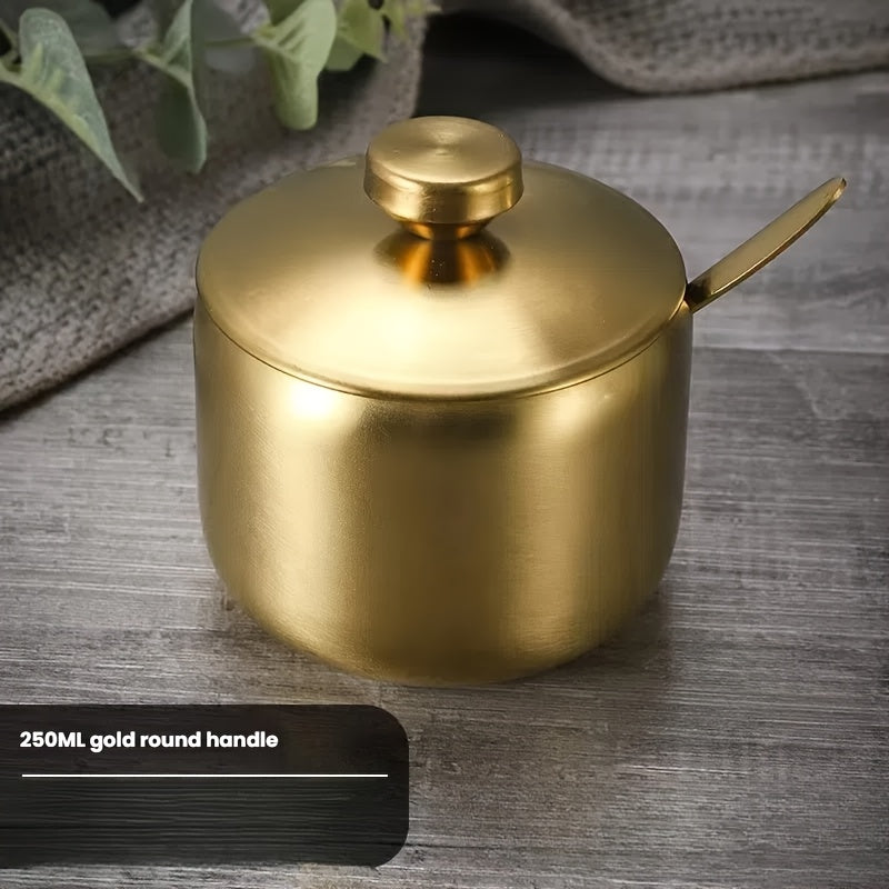 3pcs Set: 1pc Jar + 1pc Lid + 1pc Spoon, Round Handle Stainless Steel Spice Jar - Multi-Functional Sugar Container for Salt, Pepper &amp; MSG Storage, Durable Shaker Bowl with Drill-Free Installation, Reusable Salad Dish, Kitchen