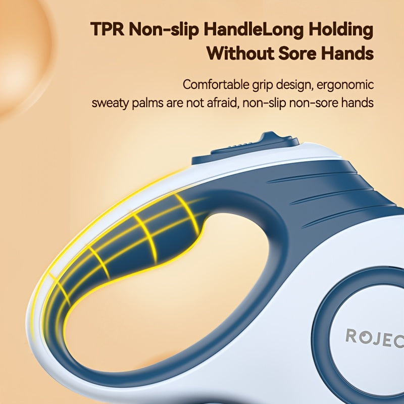 Laisse automatique rétractable ROJECO, 5 m en nylon durable, design géométrique bleu et blanc, idéale pour promenade et contrôle chiens petites à grandes tailles.