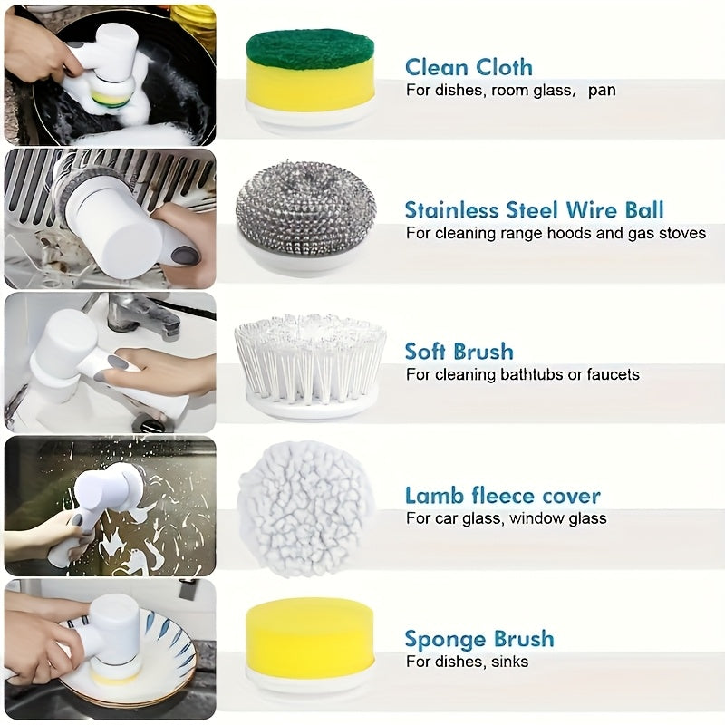 Laveur électrique portable : 5 brosses interchangeables pour baignoires, sols, carrelages, plaques, vitres et éviers. Nettoyage facile et efficace.