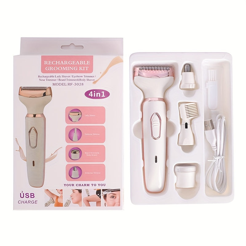Épilateur 4 en 1 USB rechargeable pour femmes, visage, sourcils, nez et jambes, design compact et adapté aux teints clairs, idéal voyage et cadeau.
