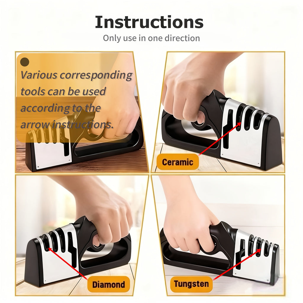 Aiguiseur 4-en-1 professionnel : affûte rapidement couteaux et outils de cuisine. Base antidérapante, ABS durable, usage maison et restaurant, sans électricité.