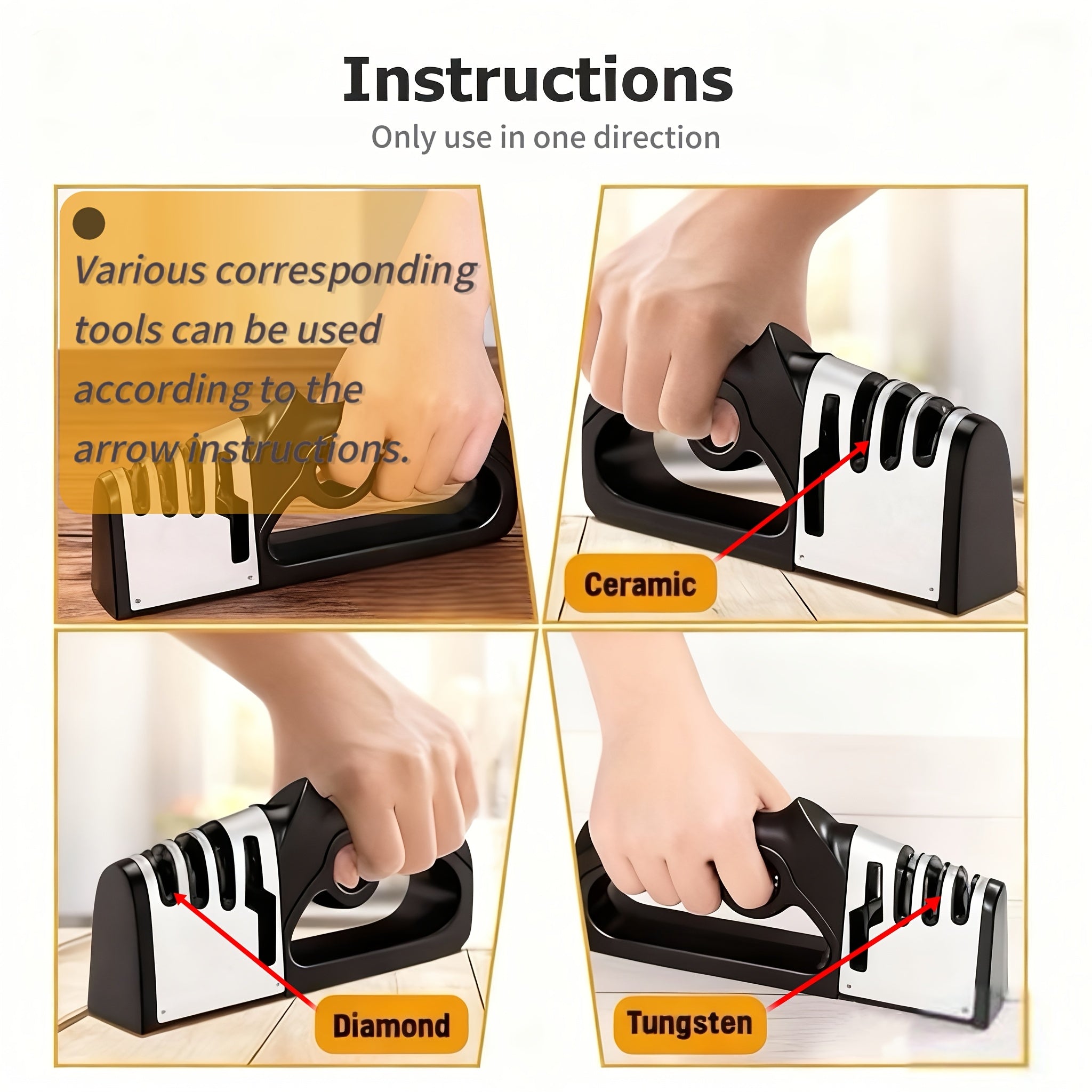 Aiguiseur 4-en-1 professionnel : affûte rapidement couteaux et outils de cuisine. Base antidérapante, ABS durable, usage maison et restaurant, sans électricité.
