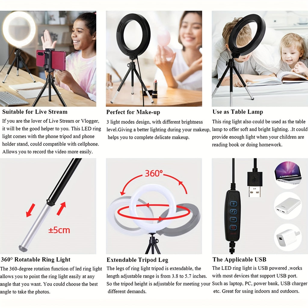 Anneau lumineux rotatif 360°, idéal streaming, maquillage et lampe de bureau, alimentation USB, trépied extensible, compatible avec la plupart des appareils.