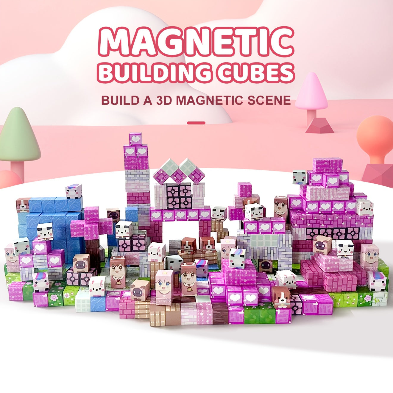 100 blocs magnétiques STEM, décor maison et arbre 3D, cubes personnages, jouet créatif, idéal anniversaire et Noël.