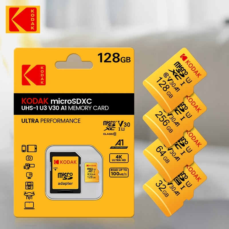 Carte Mémoire Kodak Micro TF U3 : Capacités 32 à 256 Go avec adaptateur SD, UHS-I haute vitesse, idéale 4K/120fps, compatible smartphones et caméras.