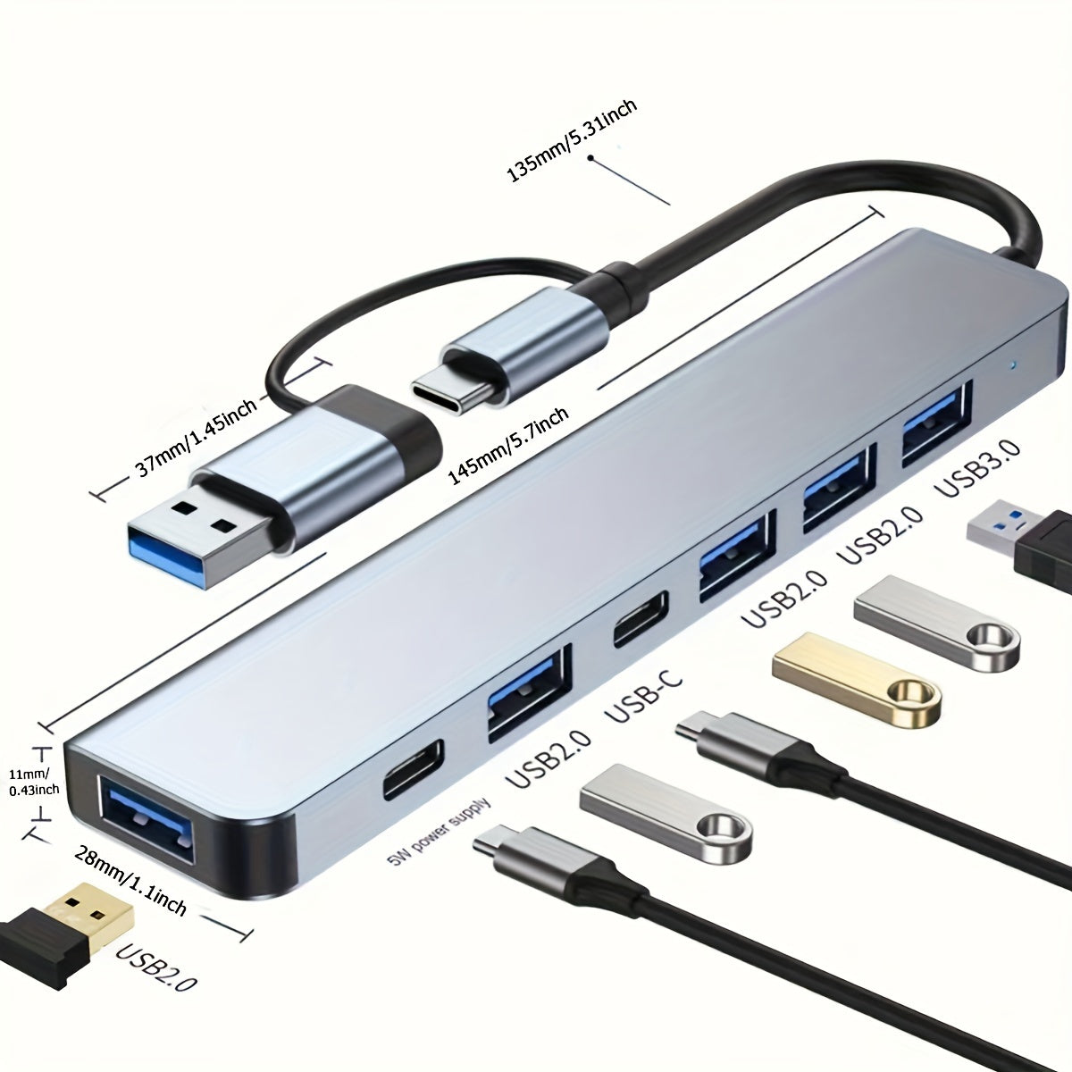 Adaptateur USB 3.0 7-en-1 à haute vitesse, expansion multiport avec connecteurs Type-C et USB-A, compatible tablettes, alimentation USB 5 V.