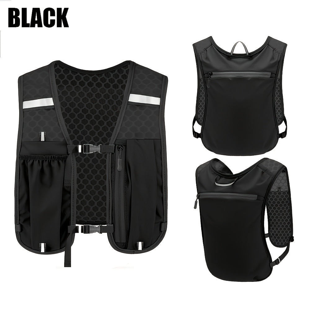 Sac à dos sportif type gilet avec poches multiples, mesh respirant, design ergonomique, idéal pour course, randonnée et hydratation mains libres.