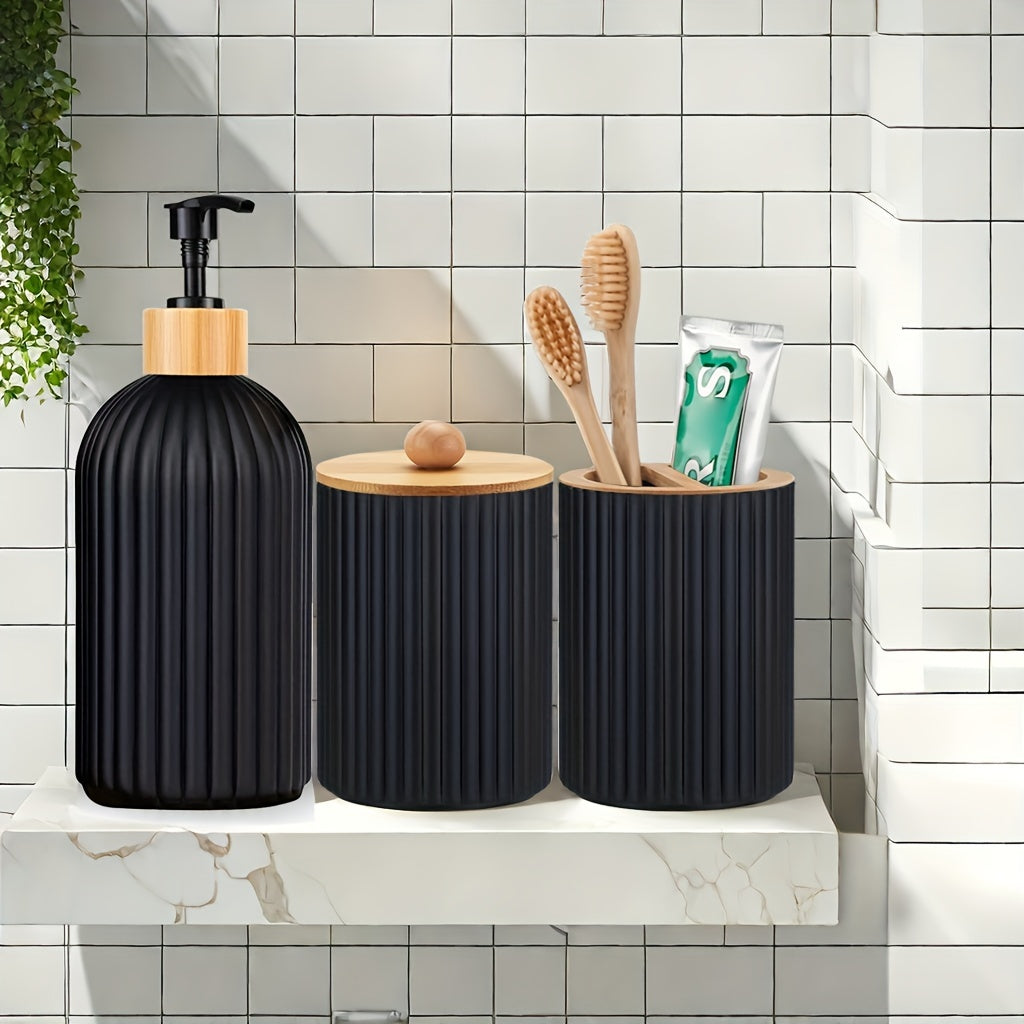 Set de distributeurs de salle de bain rechargeable (3 pièces). Distributeur de lotion, support pour coton-tiges et organisateur de brosses à dents, manuel, sans électricité.