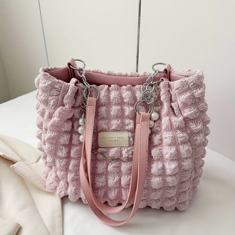 1pc Summer Sweet Clouds Tote Bag, Large Capacity Nylon Shoulder Bag for Women, Soft Handbag with Zipper Closure, 4 Colors (White/Pink/Green/Black), City Theme, Polyester Lining, Perfect for Commuting &amp; Outings