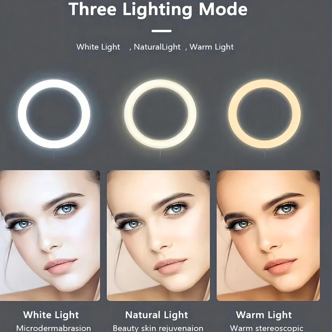 Anneau lumineux rotatif 360°, idéal streaming, maquillage et lampe de bureau, alimentation USB, trépied extensible, compatible avec la plupart des appareils.