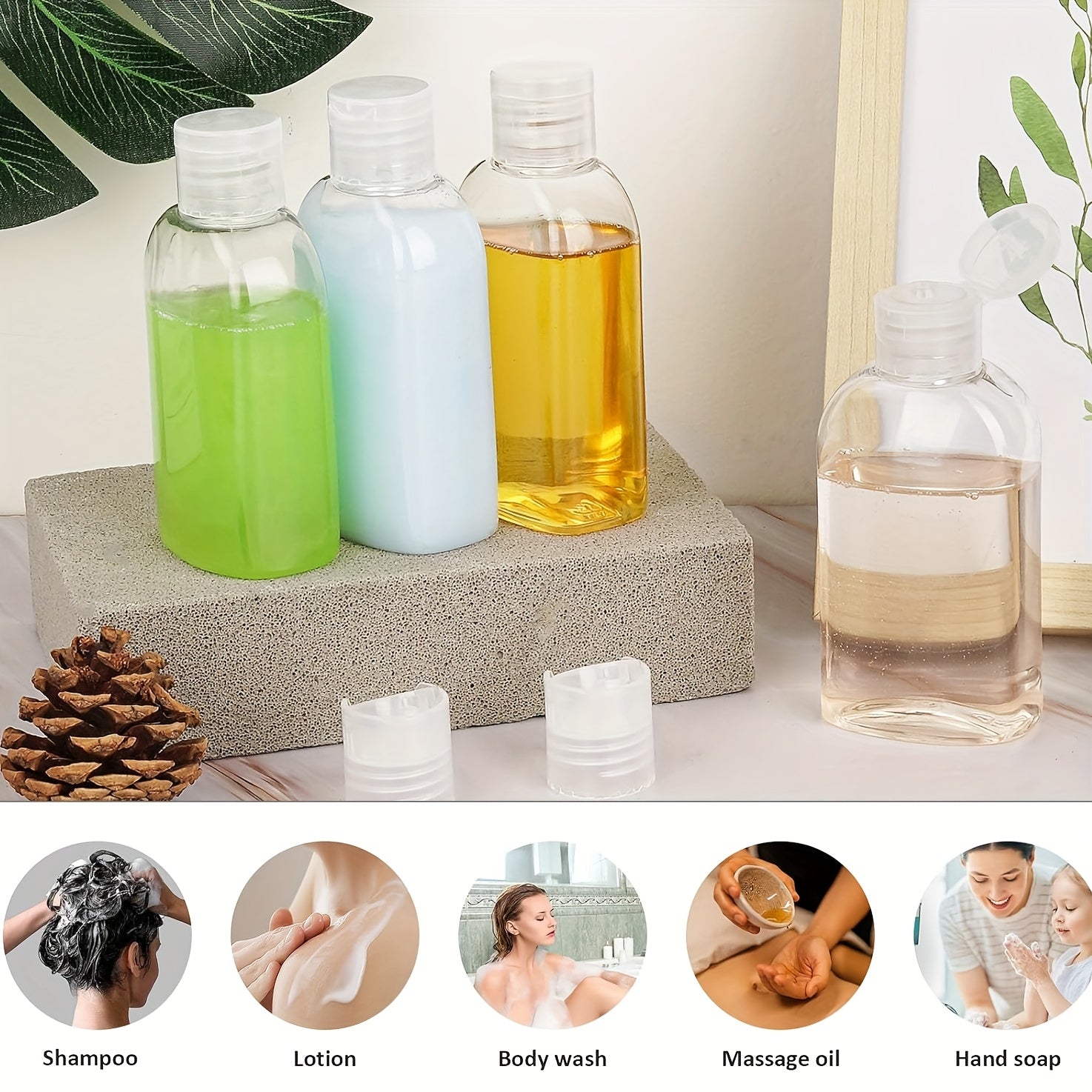 Lot de 6 flacons de voyage 100 ml, étanches, conformes TSA, rechargeables, faciles à presser et nettoyer pour lotions et soins.