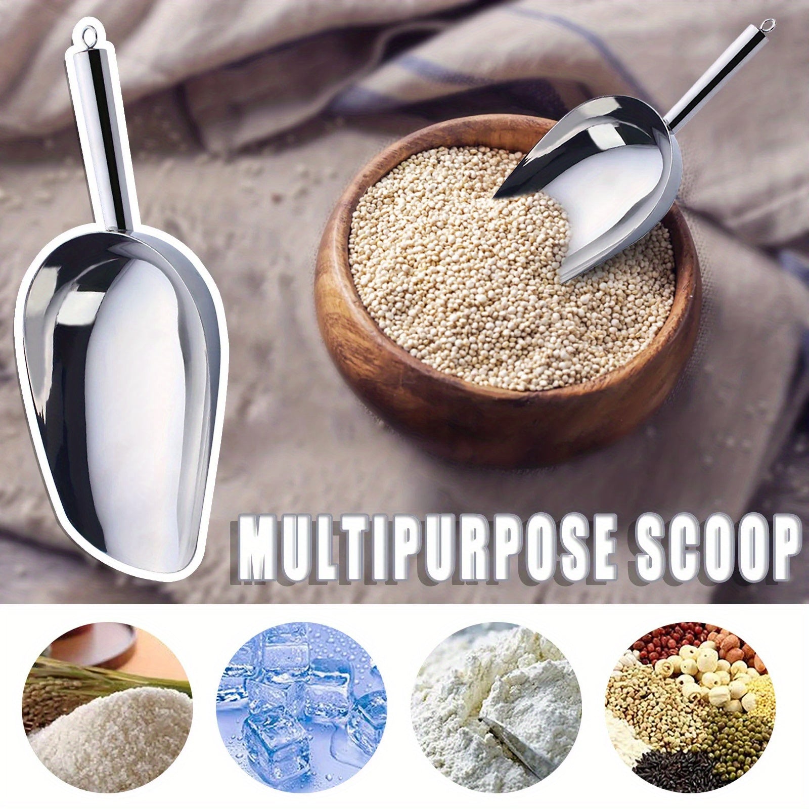 Lot de 3 pelles en acier inoxydable épaisses, multi-usages pour glace, aliments pour animaux, céréales, farine, sucre, riz, durable pour cuisine, bar ou fêtes.