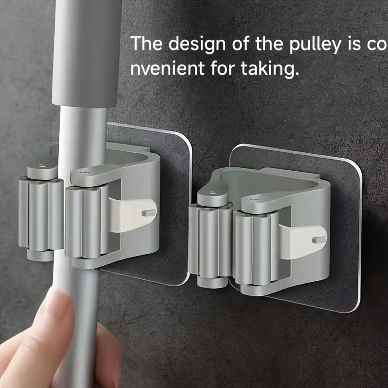 4pcs Plastic Utility Hooks, Wall Mounted Mop and Broom Holder, Strong Adhesion No-Drill Storage Rack for Bathroom and Kitchen