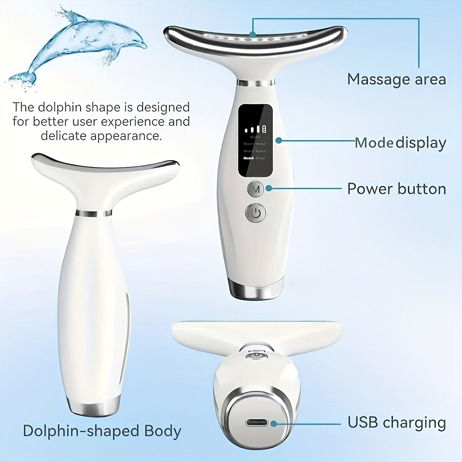 Appareil de soin visage et cou rechargeable, 7 modes, massage vibrant et chauffant, design ergonomique, améliore routine beauté à domicile.