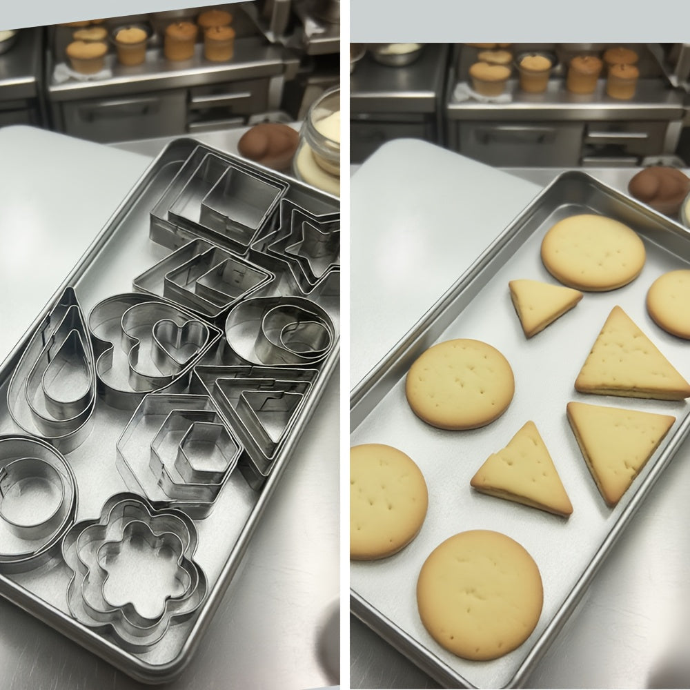 Lot de 30 emporte-pièces miniatures avec boîte, formes géométriques variées, parfaits pour biscuits, chocolat, fruits, pâte à modeler et créations culinaires.