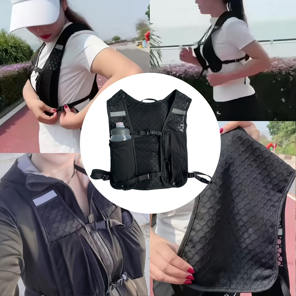 Sac à dos sportif type gilet avec poches multiples, mesh respirant, design ergonomique, idéal pour course, randonnée et hydratation mains libres.