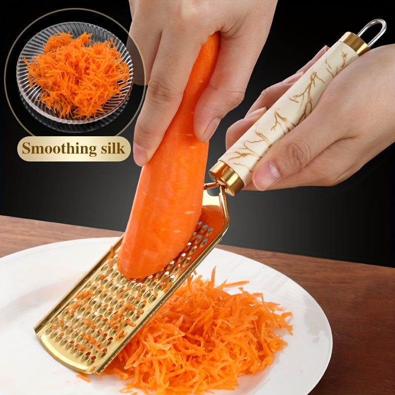 3/1pc grater Stainless steel shredder Household kitchen radish grater potato shreds onion shreds ginger shreds melon fruit vegetable shreds cheese raw grater handle can be held safely without hurting hands, Golden appearance,