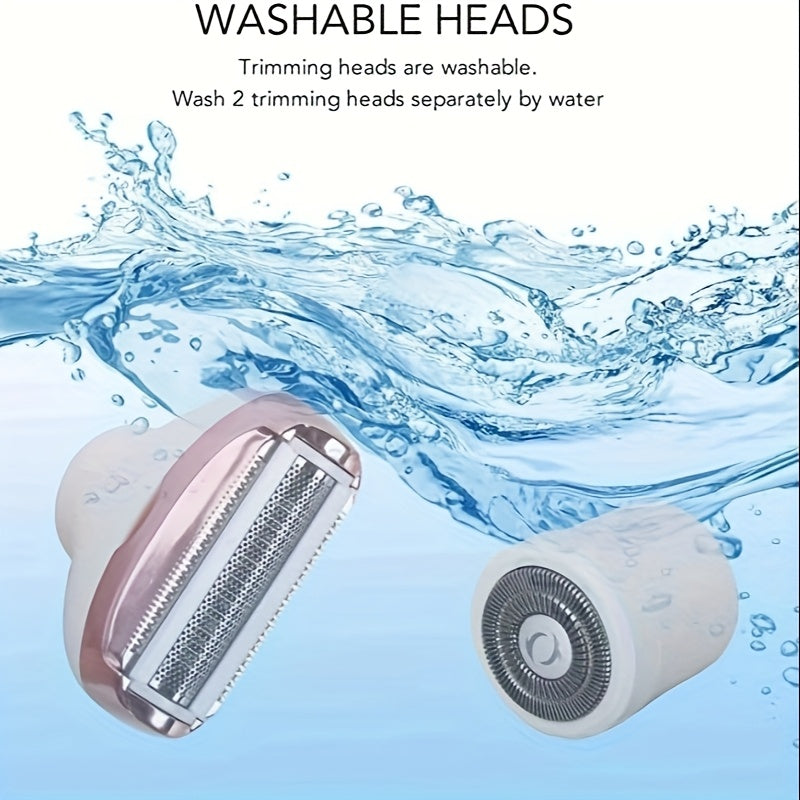 Épilateur 4 en 1 USB rechargeable pour femmes, visage, sourcils, nez et jambes, design compact et adapté aux teints clairs, idéal voyage et cadeau.