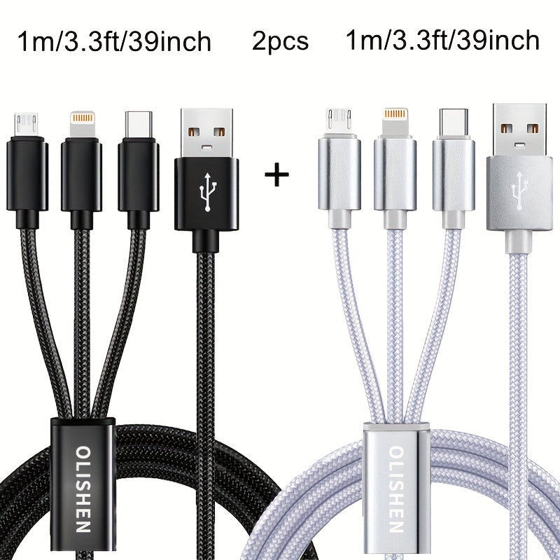 2pcs 3-in-1 Fast Charging Cable | Durable Nylon Braided, Compatible with iPhone, Samsung, Xiaomi, Oppo, Vivo, Redmi, OnePlus & More, Supports USB Charging, 10W Output Power