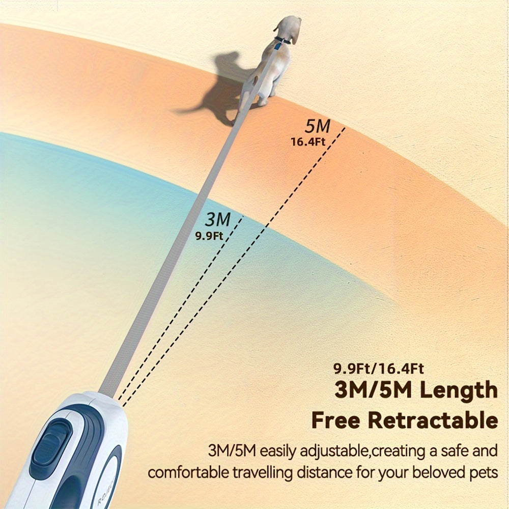 Laisse automatique rétractable ROJECO, 5 m en nylon durable, design géométrique bleu et blanc, idéale pour promenade et contrôle chiens petites à grandes tailles.