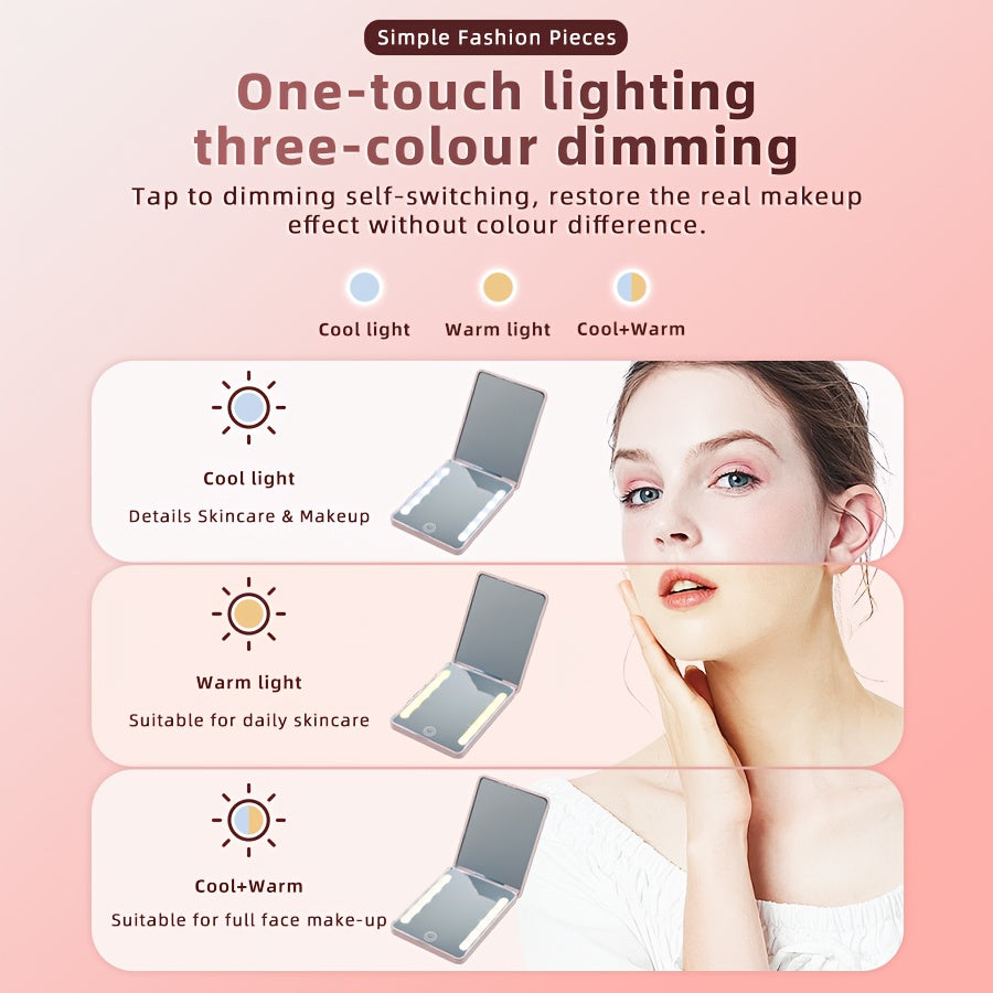 Mini Ultra-Thin LED Pocket Mirror with 2X Magnification &amp; 3-Color (/Daylight/Warm Glow) - Portable Makeup Mirror for Women &amp;, Smart Dimmer Control, Compact Gift for On-the-Go Beauty