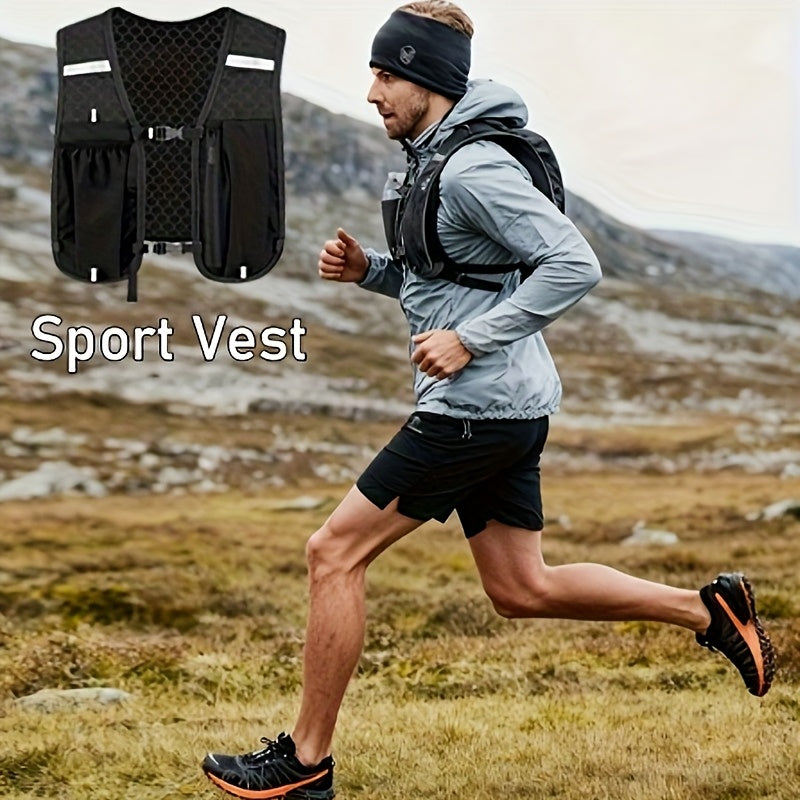 Sac à dos sportif type gilet avec poches multiples, mesh respirant, design ergonomique, idéal pour course, randonnée et hydratation mains libres.