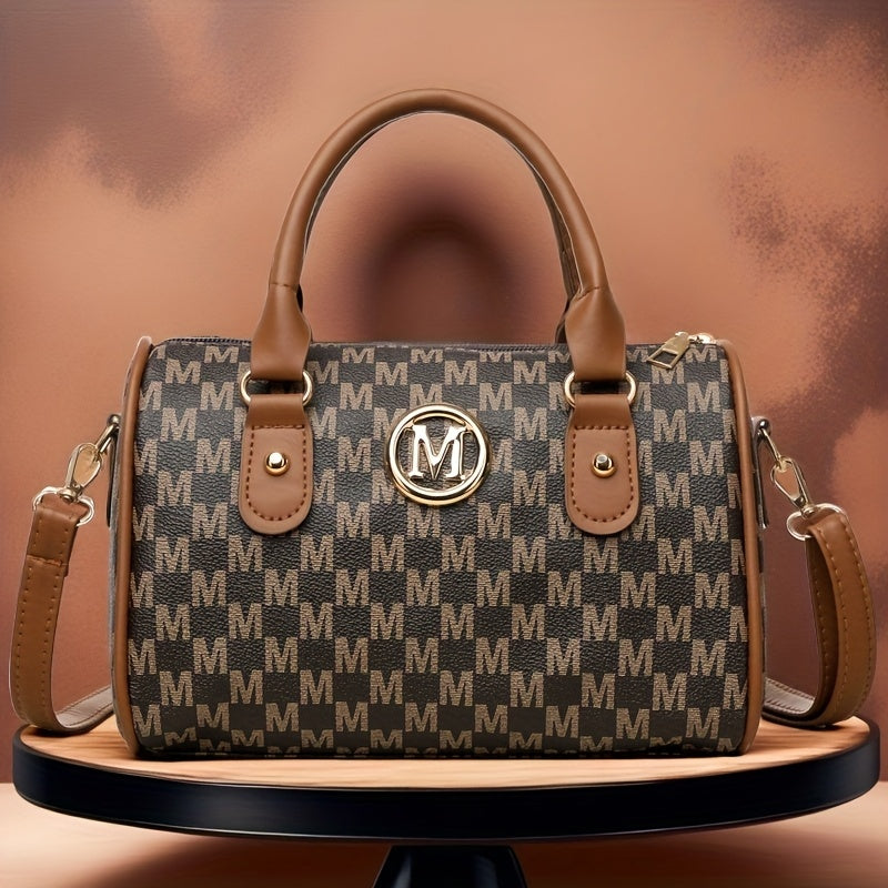 Perfect Lily Women'S Mini Shoulder Bag with Golden "M" Monogram - Elegant Houndstooth Design, Detachable Strap, Lightweight Synthetic Faux Leather Purse for Work, Travel, Parties &amp; Gifts (White/Black/Brown), Small Crossbody B